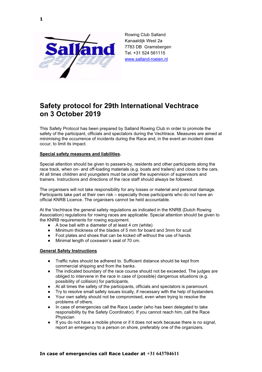 Safety Protocol for 29Th International Vechtrace on 3 October 2019