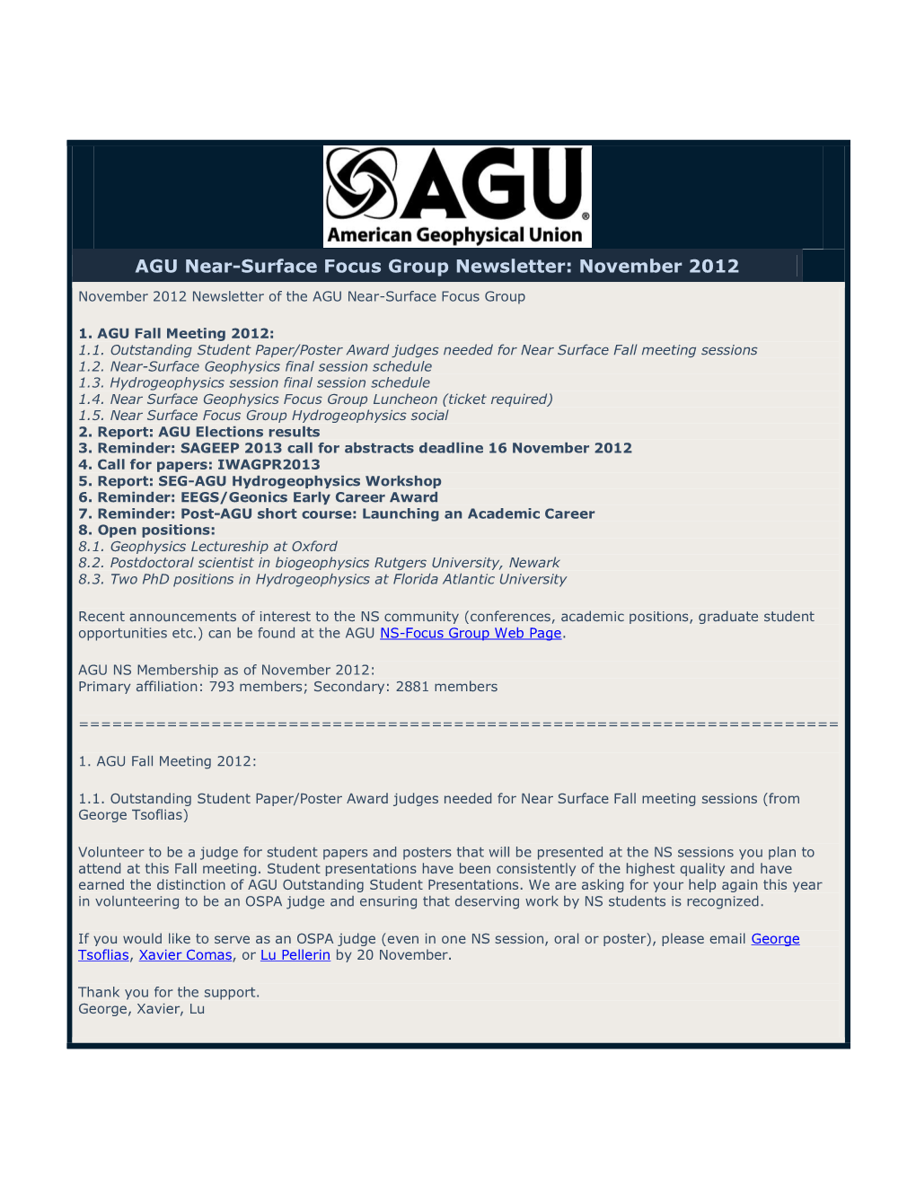 AGU Near-Surface Focus Group Newsletter: November 2012