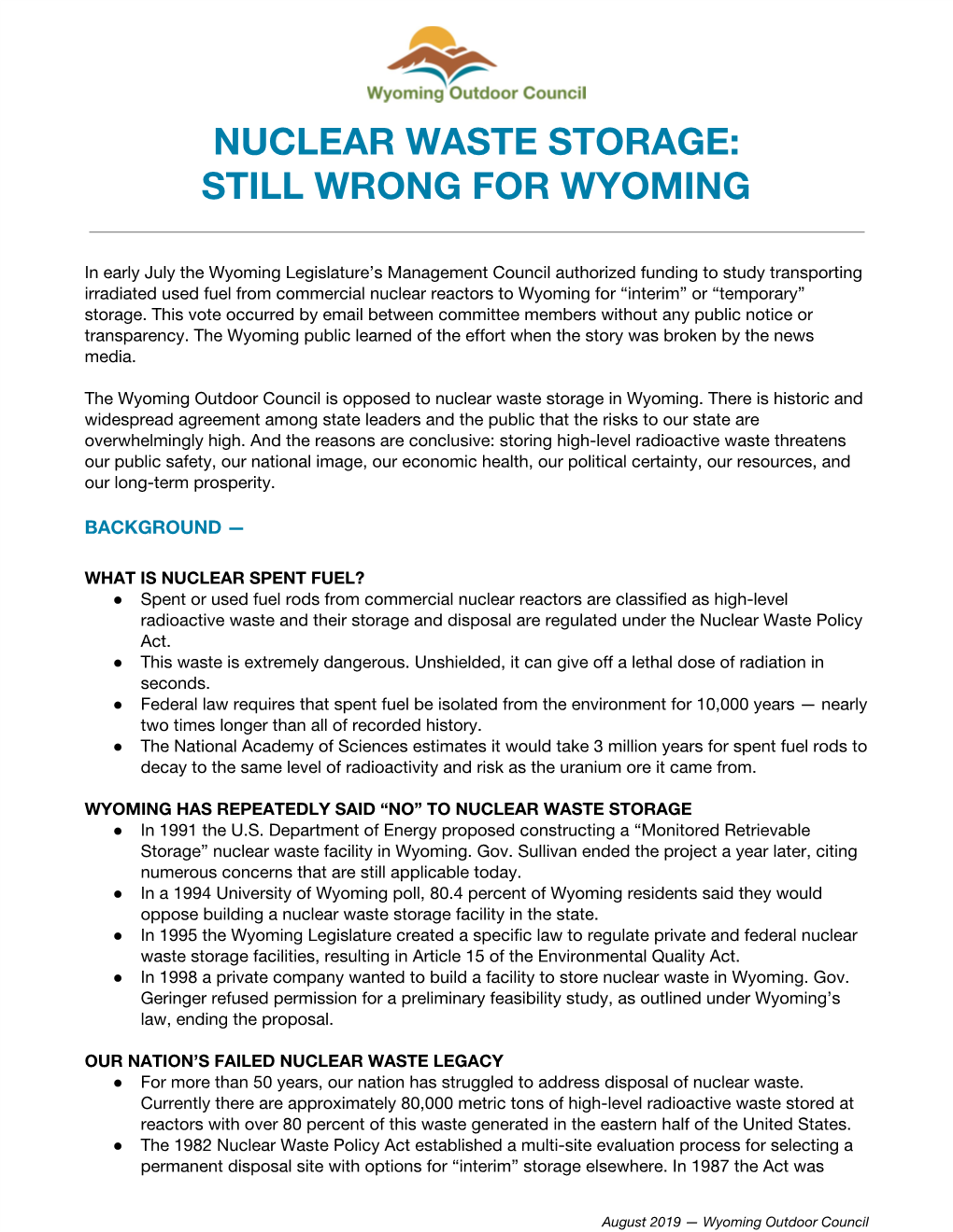 Nuclear Waste Storage: Still Wrong for Wyoming