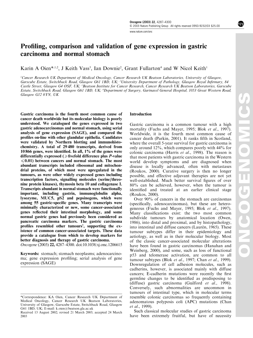 Profiling, Comparison and Validation of Gene Expression in Gastric