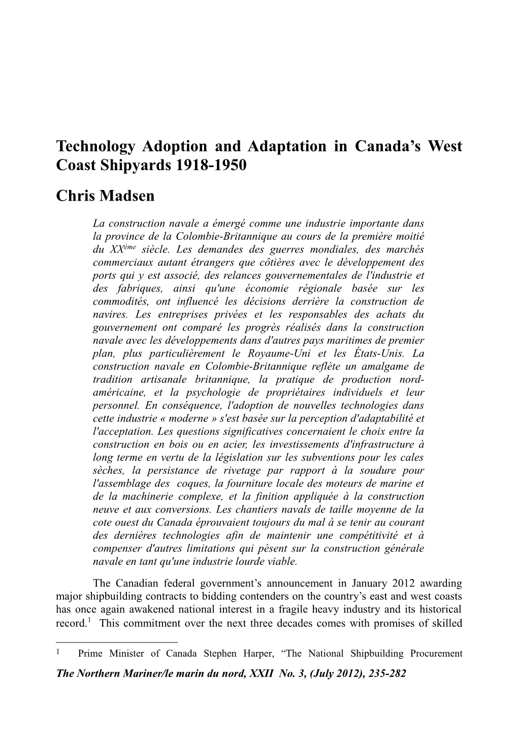 Technology Adoption and Adaptation in Canada's West Coast Shipyards