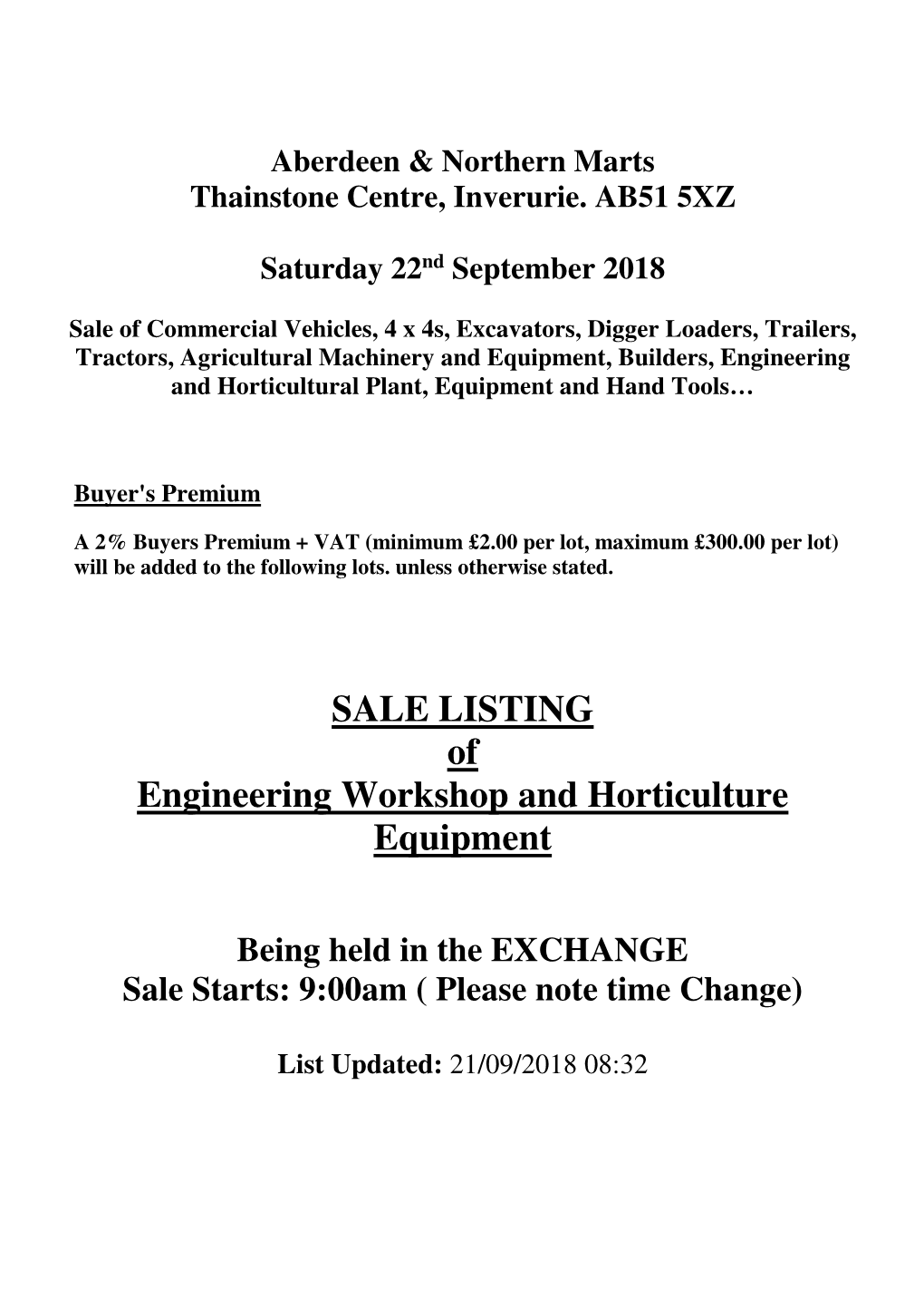 SALE LISTING of Engineering Workshop and Horticulture Equipment