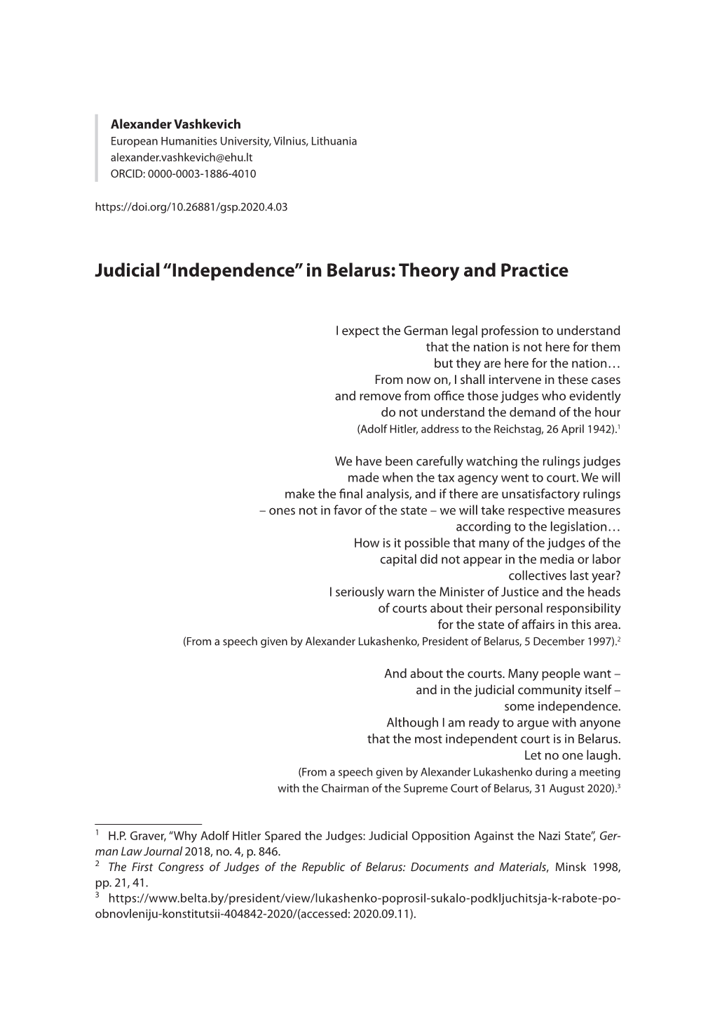 Judicial “Independence” in Belarus: Theory and Practice