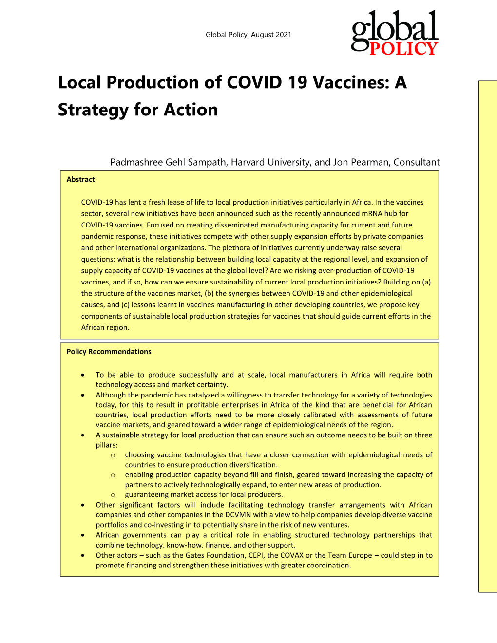 Local Production of COVID 19 Vaccines: a Strategy for Action