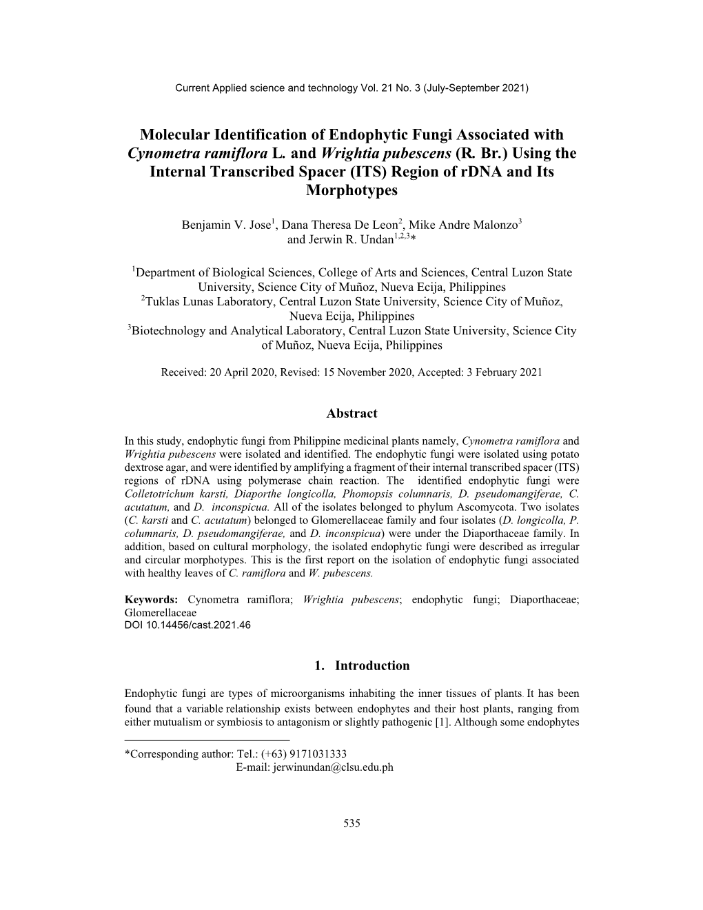 Molecular Identification of Endophytic Fungi Associated with Cynometra Ramiflora L