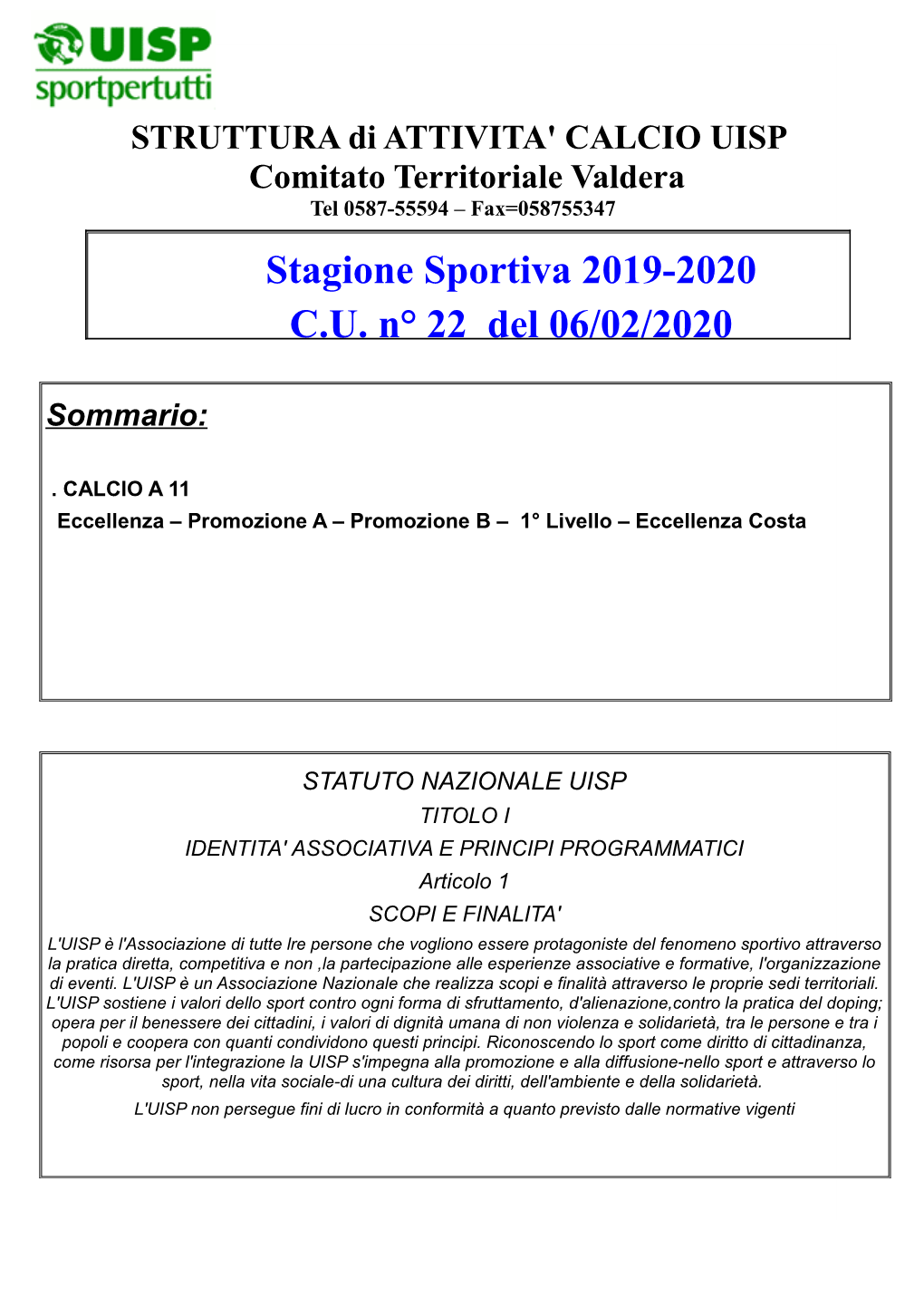 Stagione Sportiva 2019-2020 C.U. N° 22 Del 06/02/2020