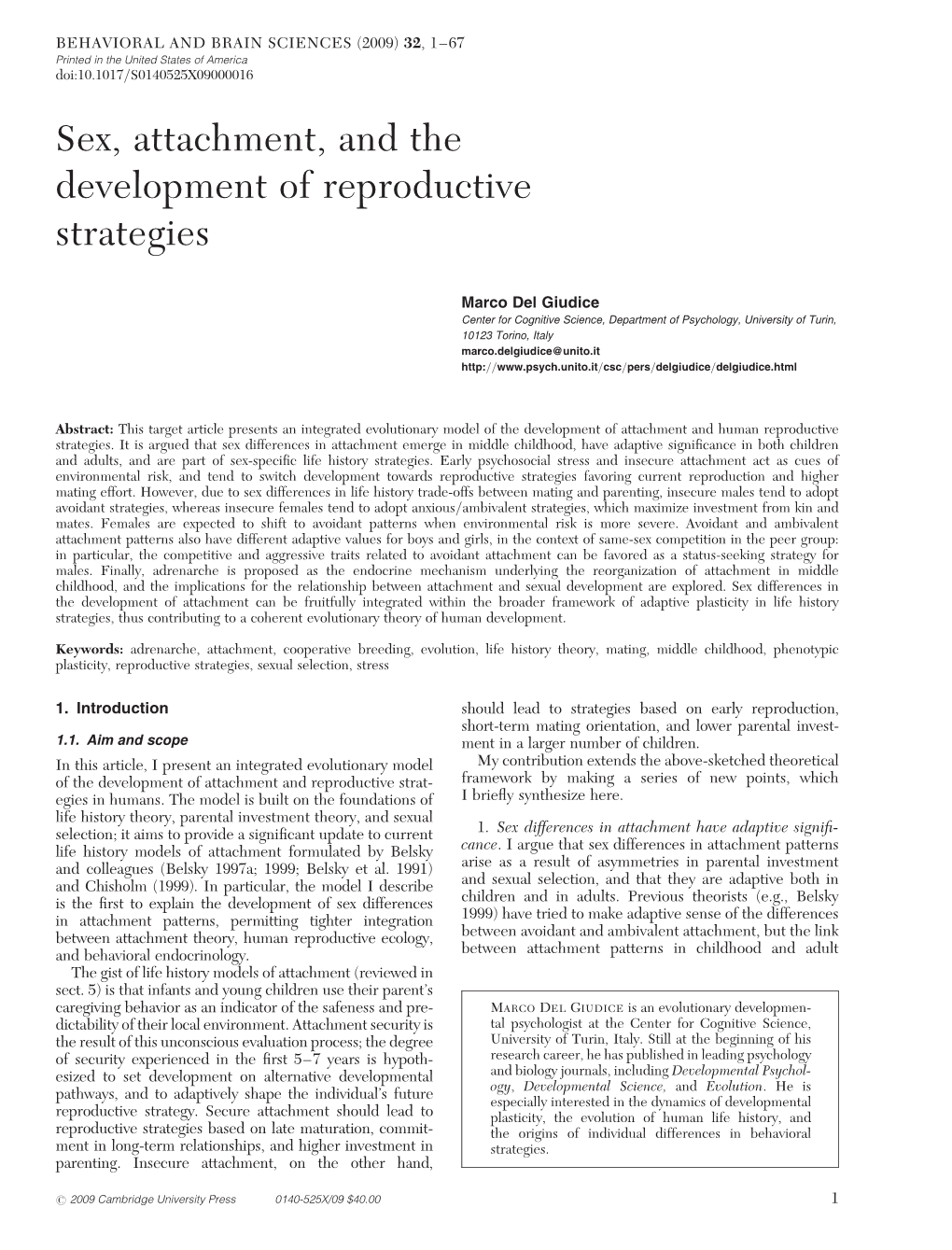 Sex, Attachment, and the Development of Reproductive Strategies