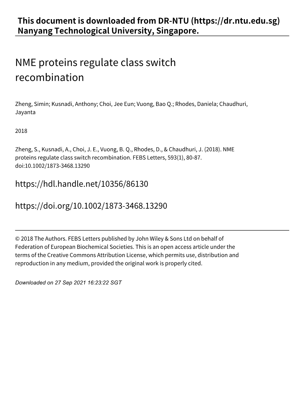 NME Proteins Regulate Class Switch Recombination