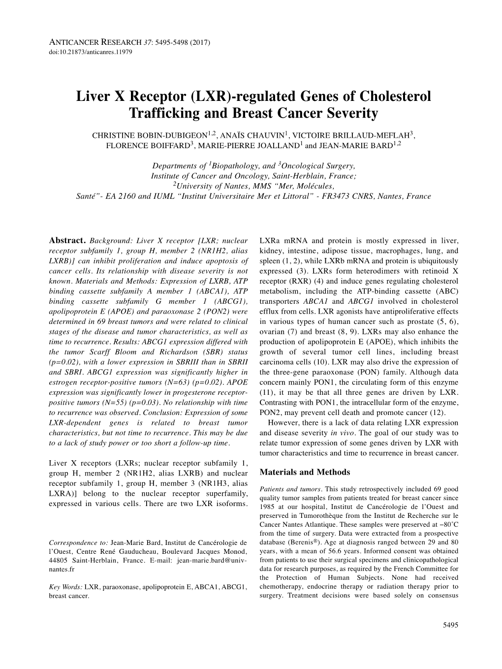 Liver X Receptor (LXR)-Regulated Genes of Cholesterol Trafficking and Breast Cancer Severity