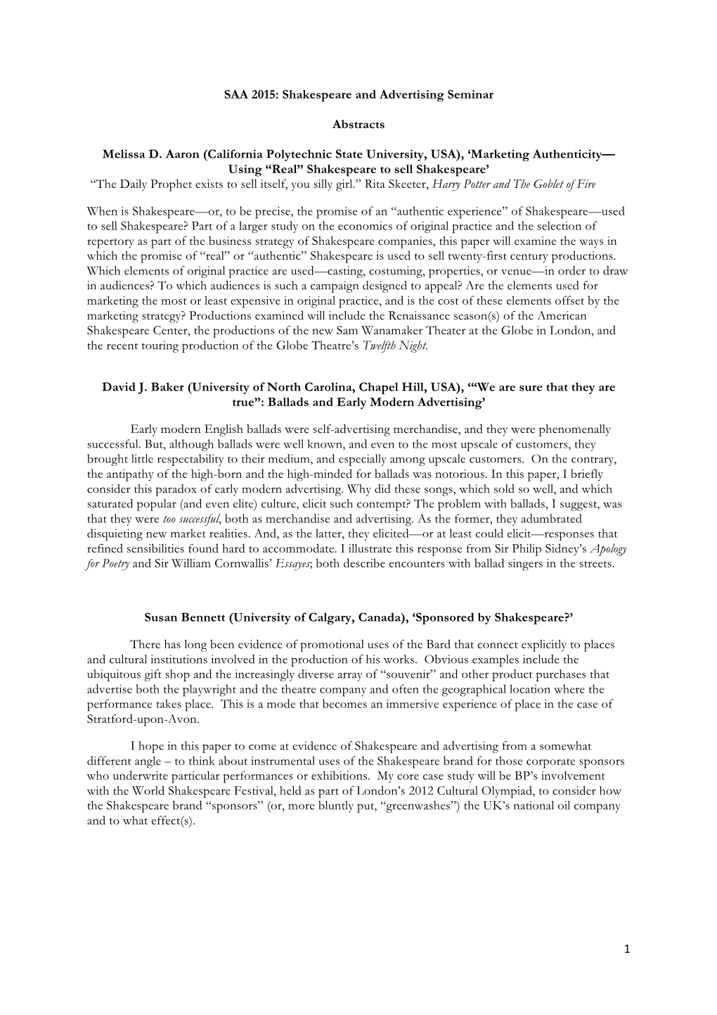 1 SAA 2015: Shakespeare and Advertising Seminar Abstracts