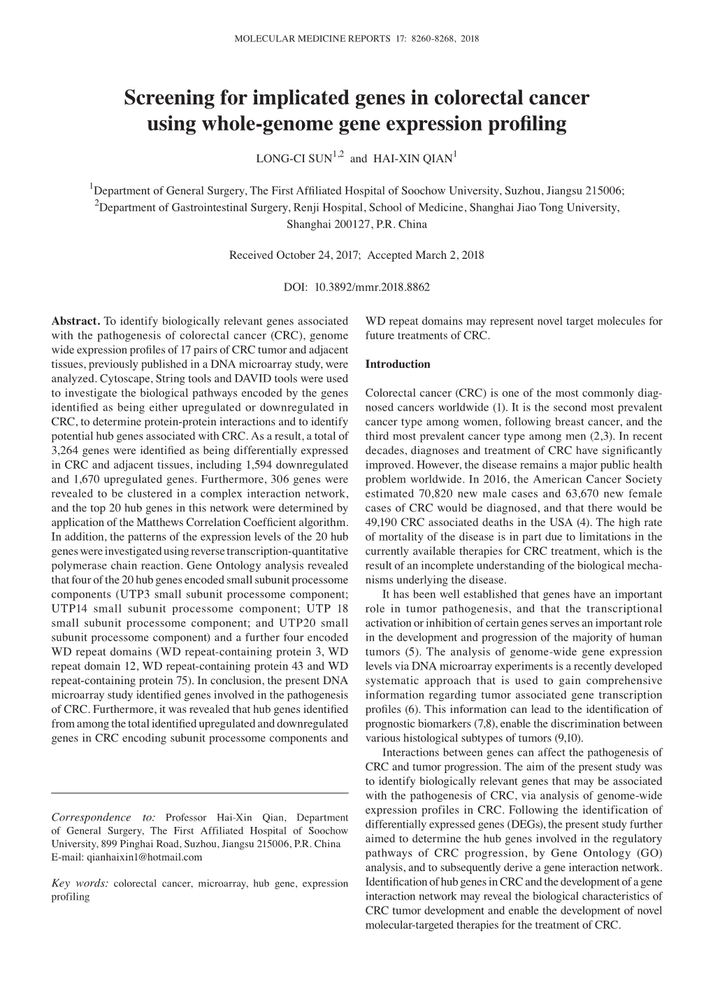 Screening for Implicated Genes in Colorectal Cancer Using Whole‑Genome Gene Expression Profiling