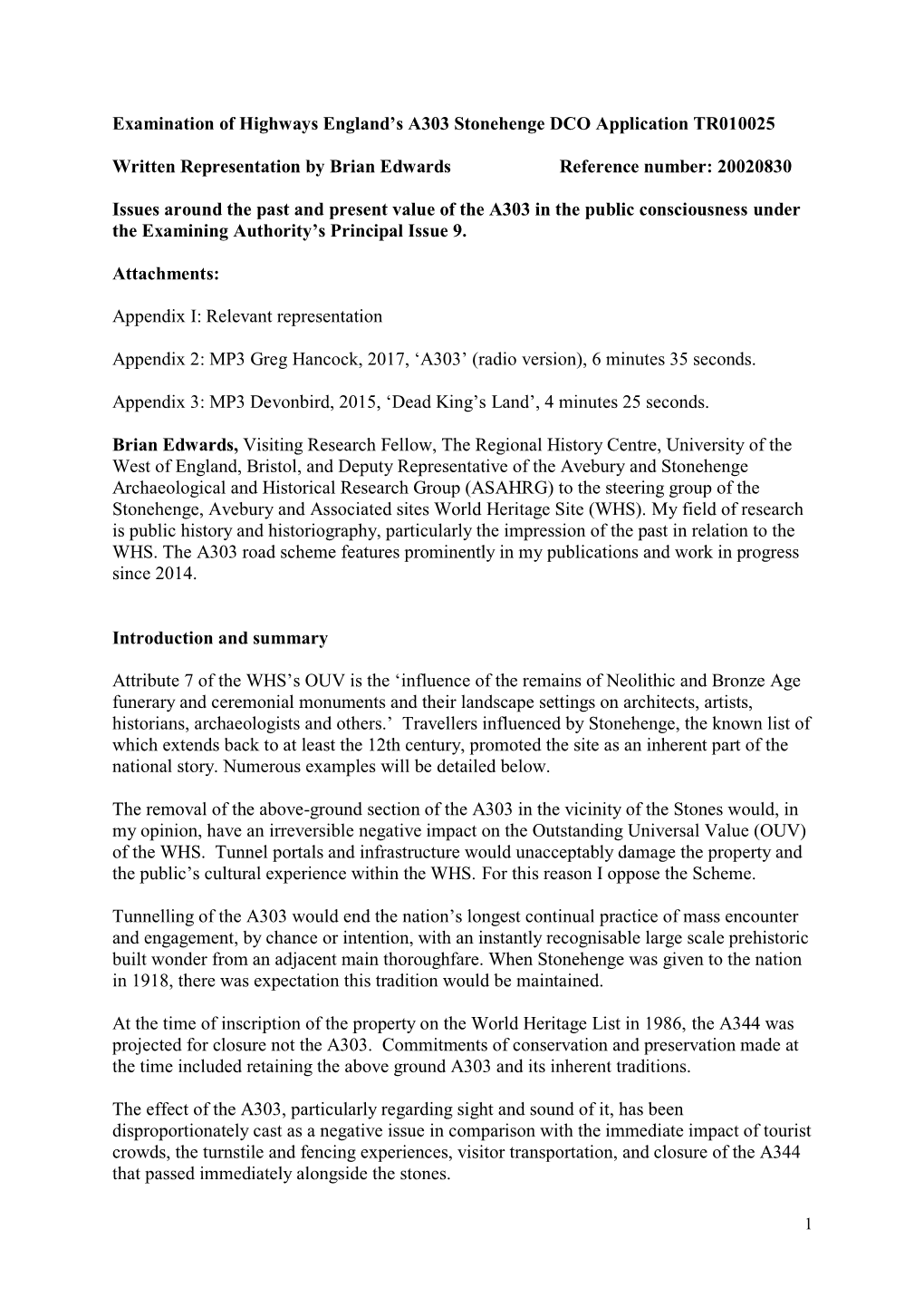 Examination of Highways England's A303 Stonehenge DCO Application