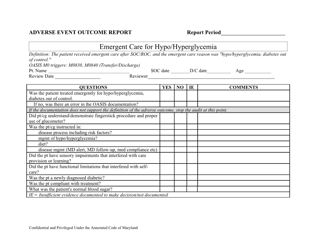 Adverse Event Outcome Report