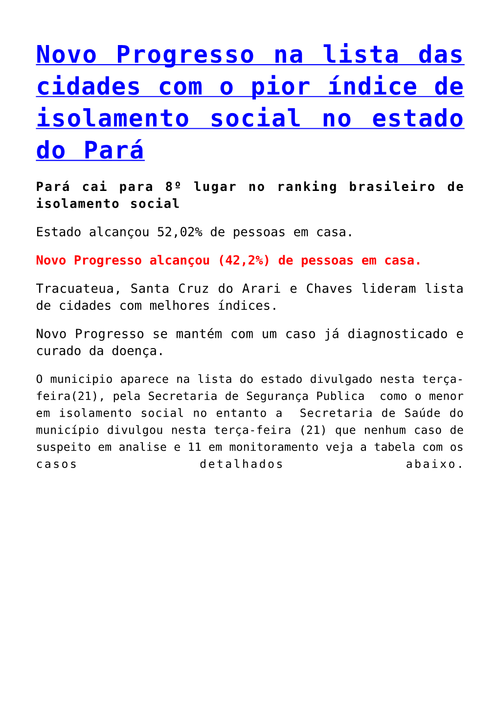 Novo Progresso Na Lista Das Cidades Com O Pior Índice De Isolamento Social No Estado Do Pará