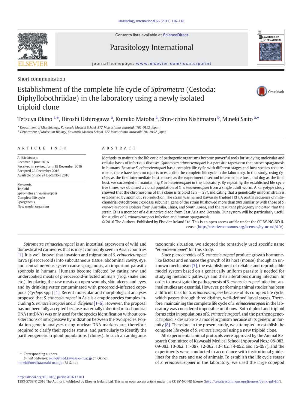 Establishment of the Complete Life Cycle of Spirometra (Cestoda: Diphyllobothriidae) in the Laboratory Using a Newly Isolated Triploid Clone