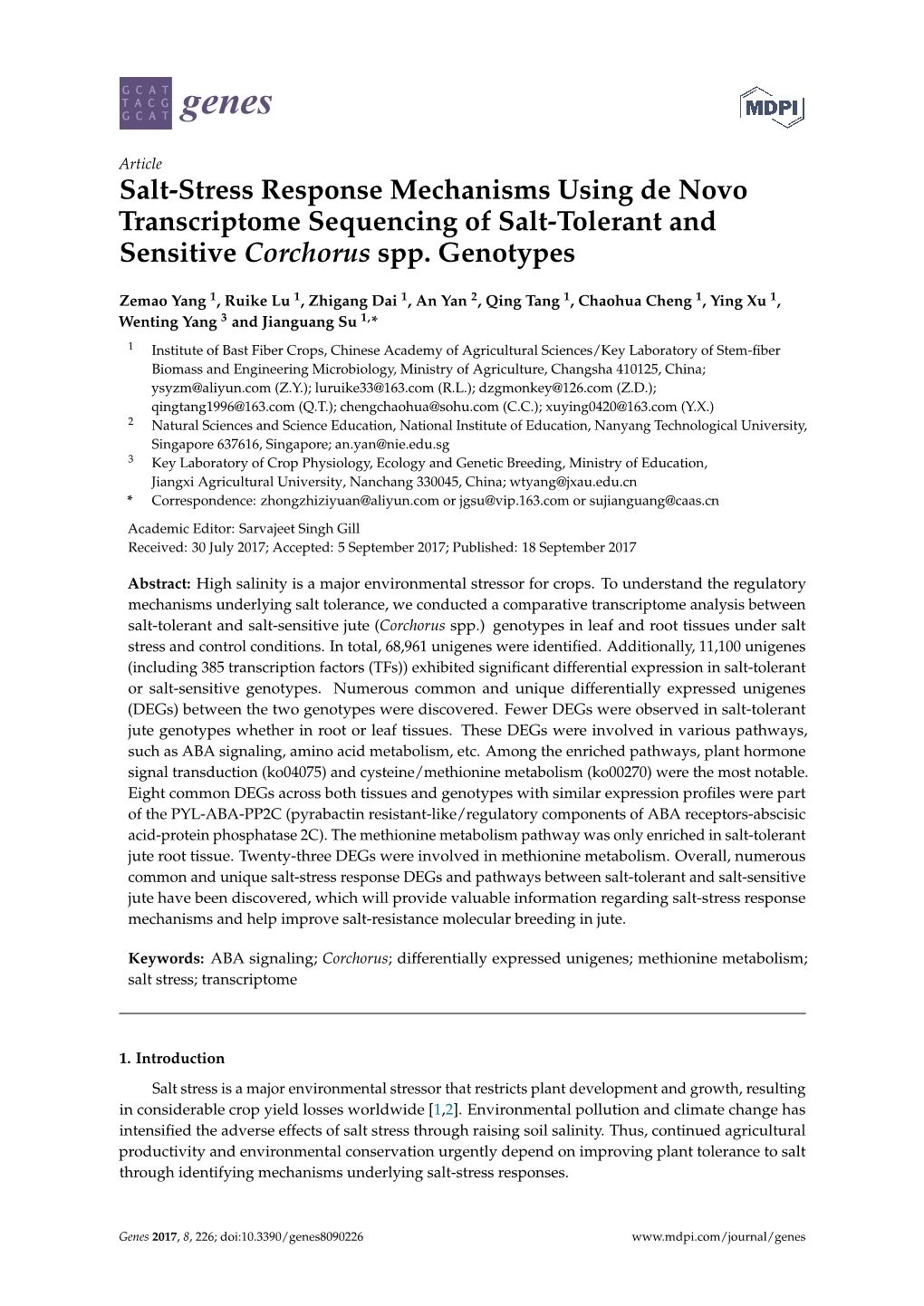 Salt-Stress Response Mechanisms Using De Novo Transcriptome Sequencing of Salt-Tolerant and Sensitive Corchorus Spp