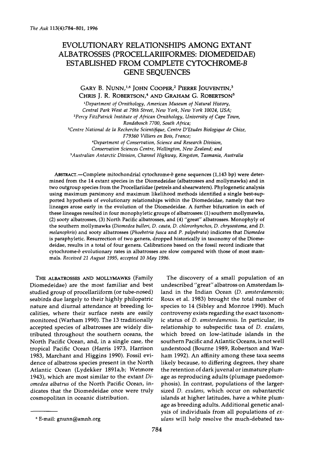 Evolutionary Relationships Among Extant Albatrosses (Procellariiformes: Diomedeidae) Established from Complete Cytochrome-B Gene Sequences