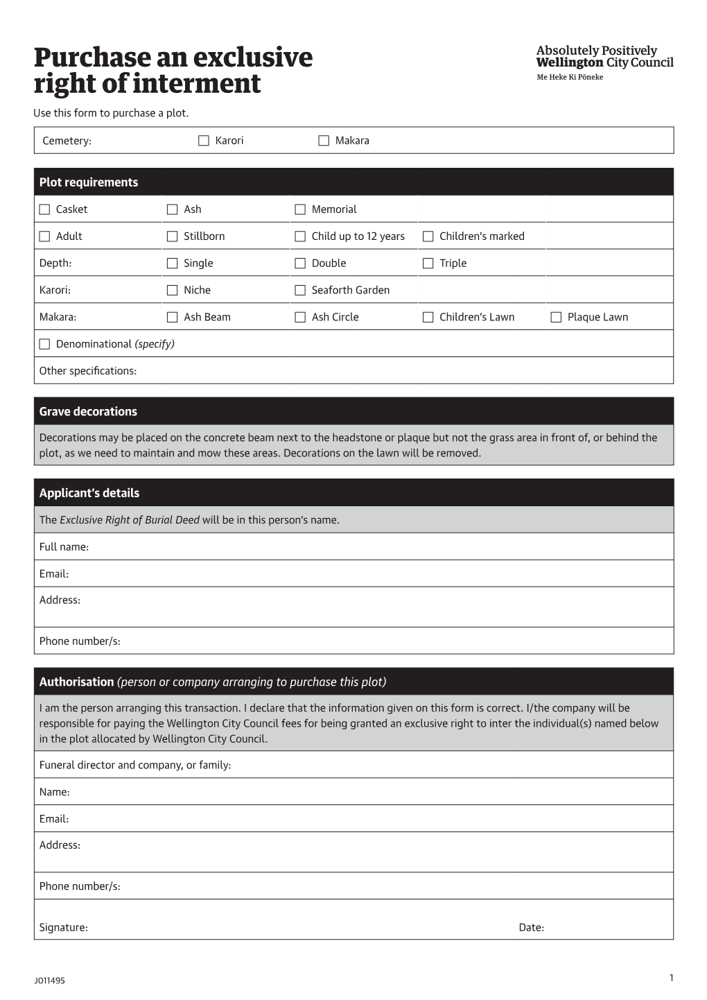 Application to Purchase an Exclusive Right of Interment