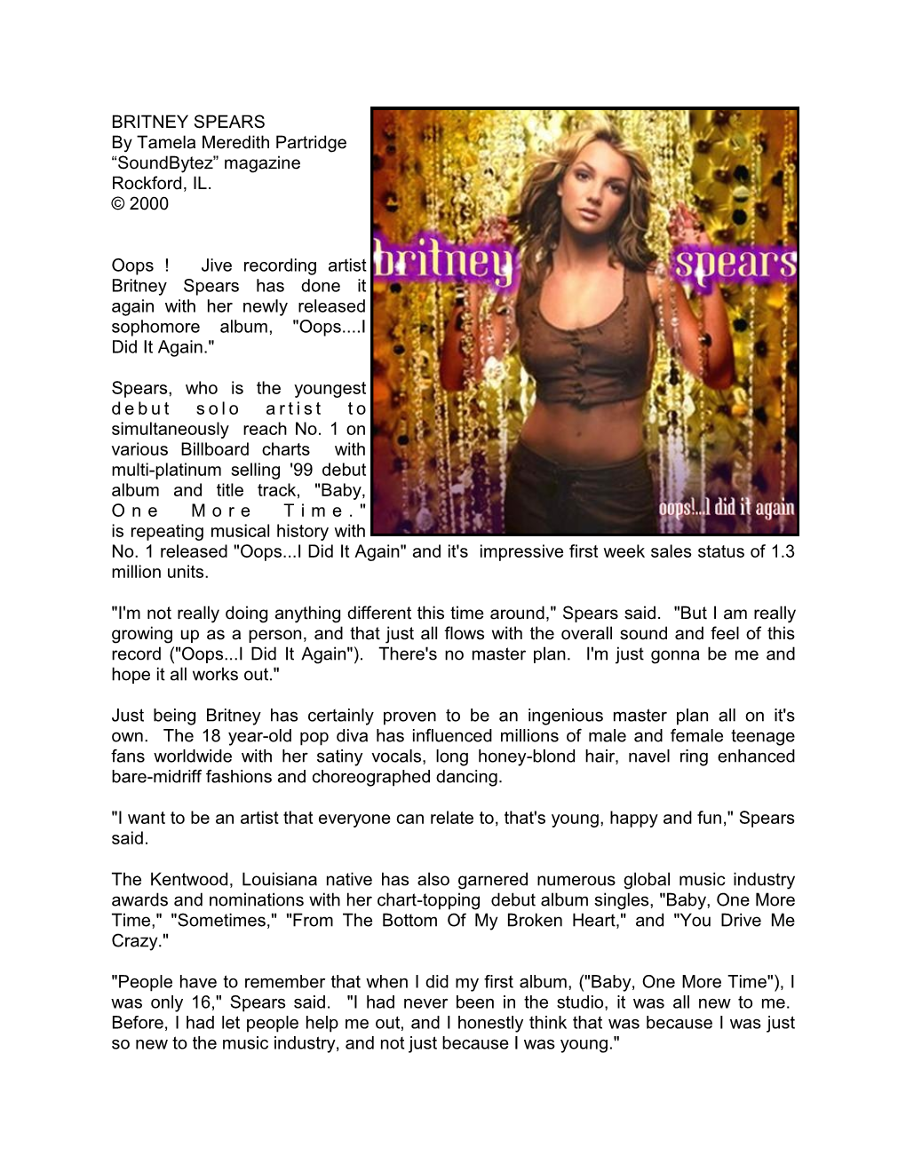 BRITNEY SPEARS by Tamela Meredith Partridge “Soundbytez” Magazine Rockford, IL