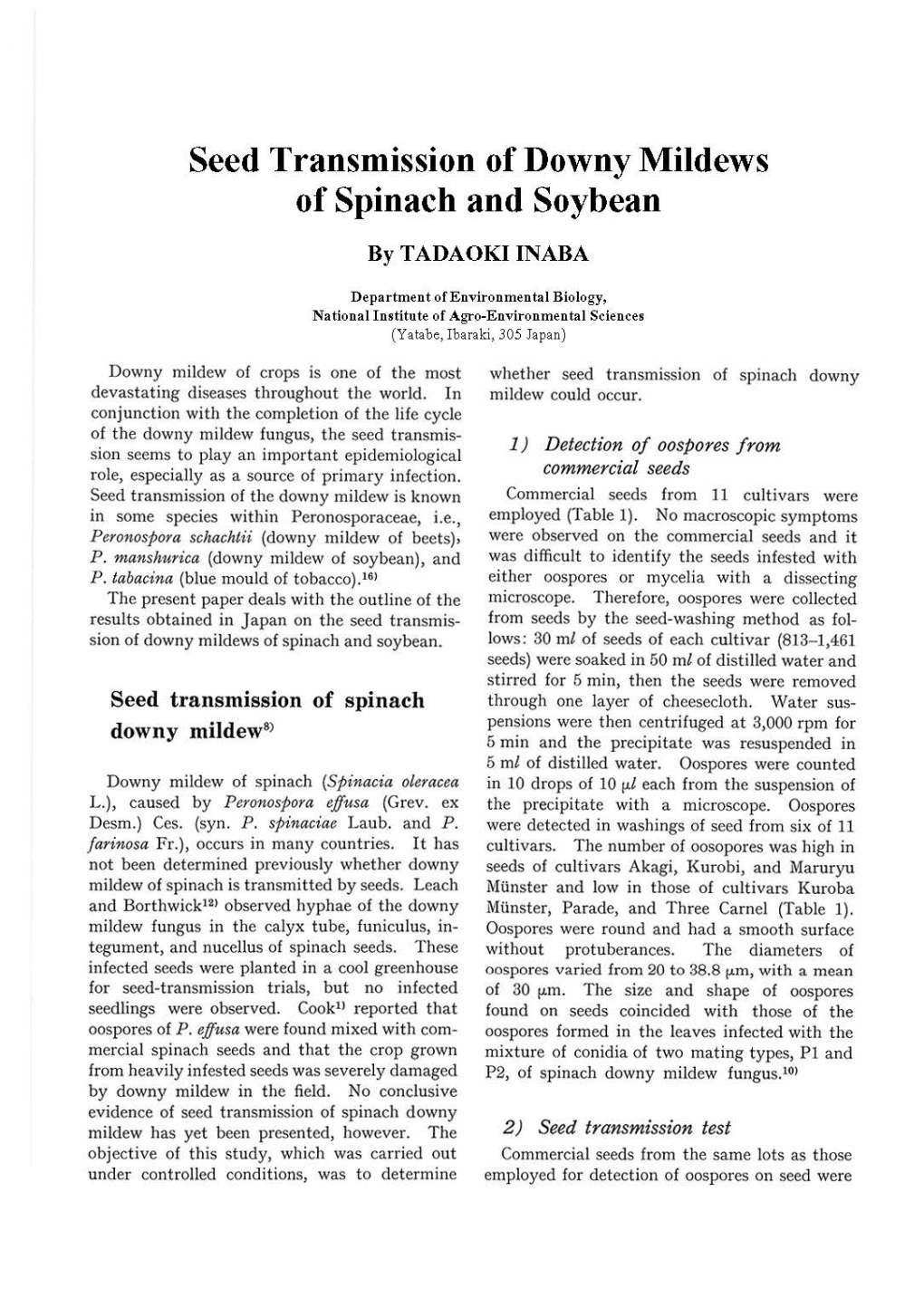 Seed Transmission of Downy Mildews of Spinach and Soybean