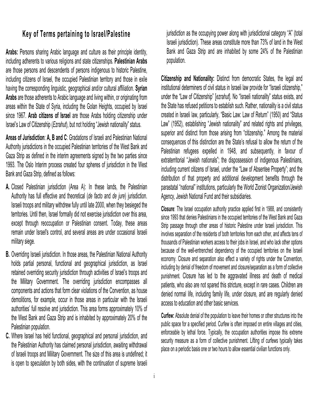 Key of Terms Pertaining to Israel/Palestine Jurisdiction As the Occupying Power Along with Jurisdictional Category “A” (Total Israeli Jurisdiction)