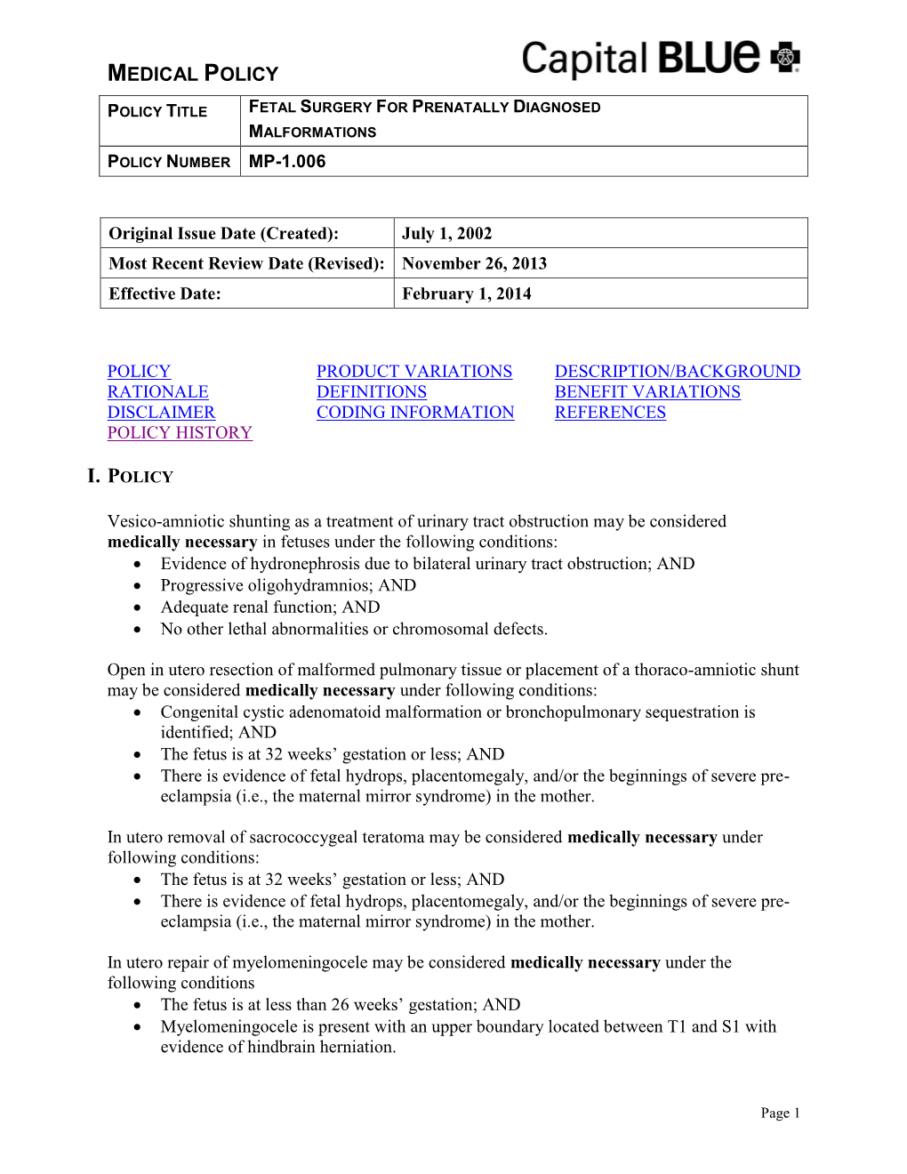 Fetal Surgery for Prenatally Diagnosed Malformations 1.006