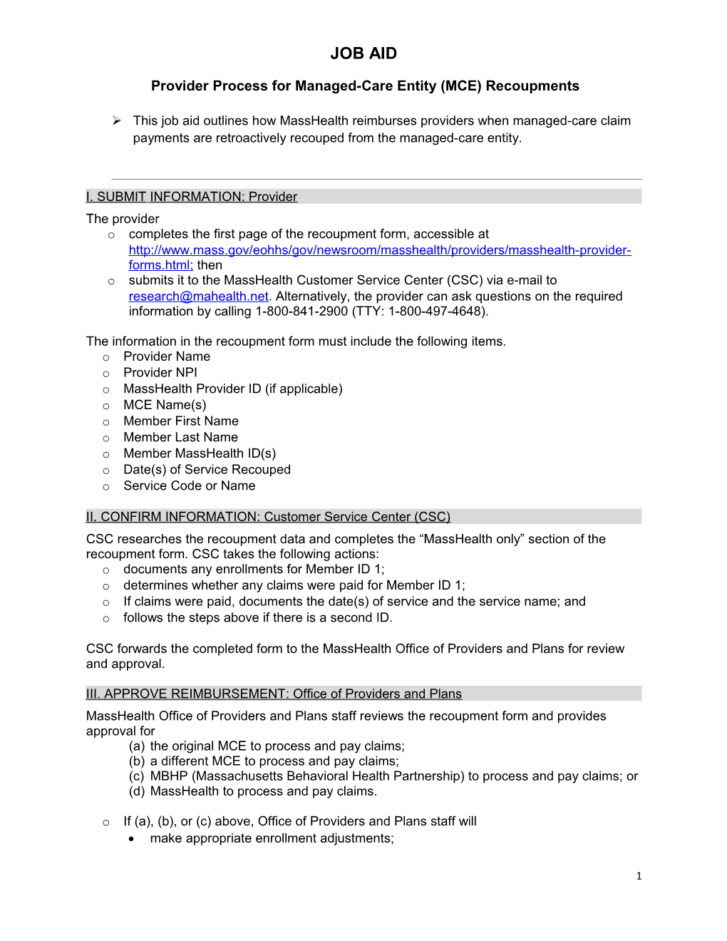 Provider Process for Managed-Care Entity (MCE) Recoupments