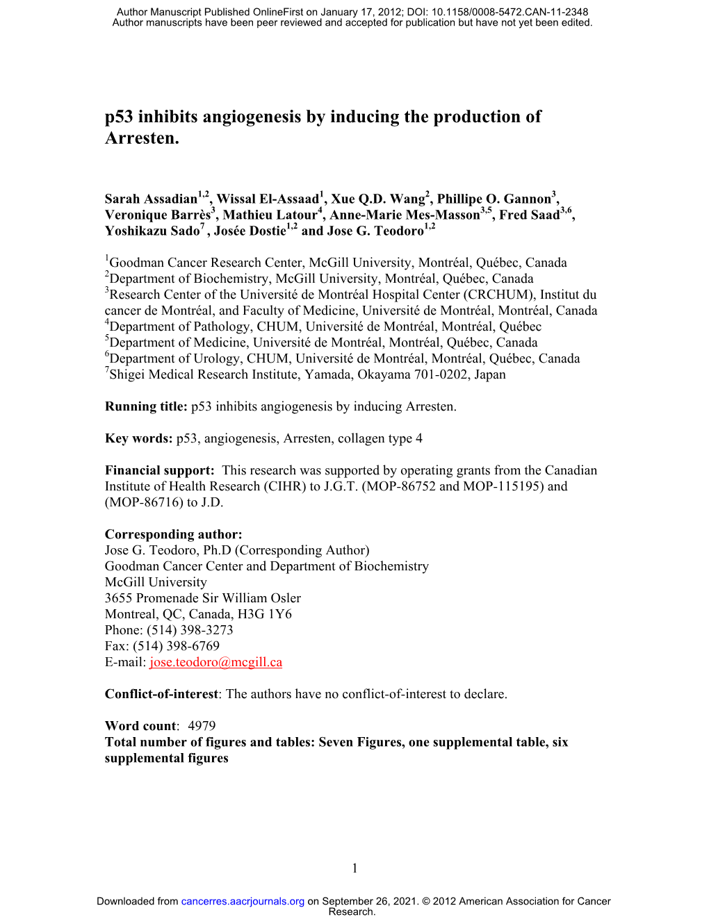 P53 Inhibits Angiogenesis by Inducing the Production of Arresten