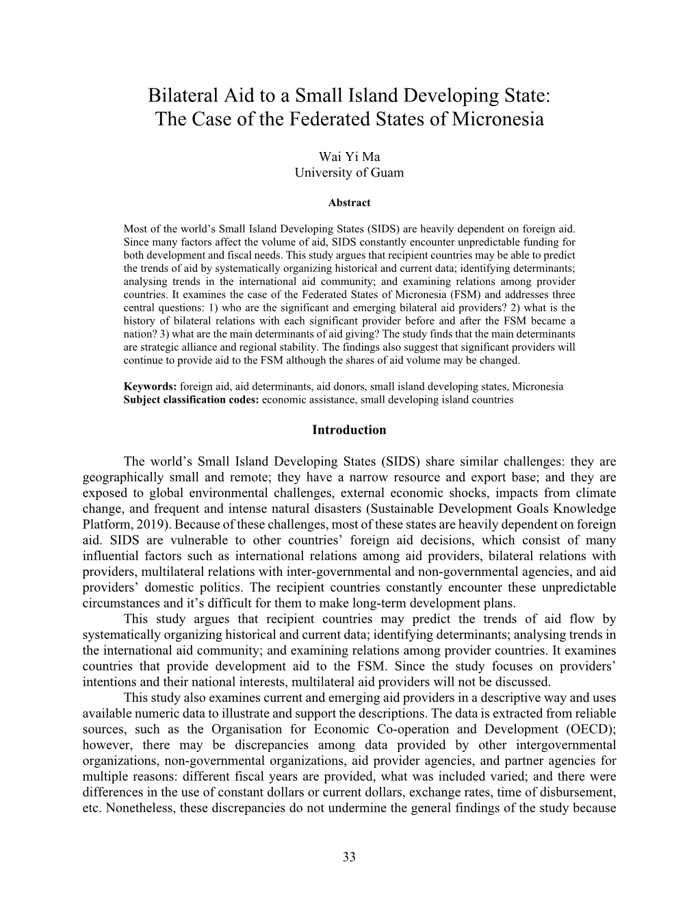 Bilateral Aid to a Small Island Developing State: the Case of the Federated States of Micronesia