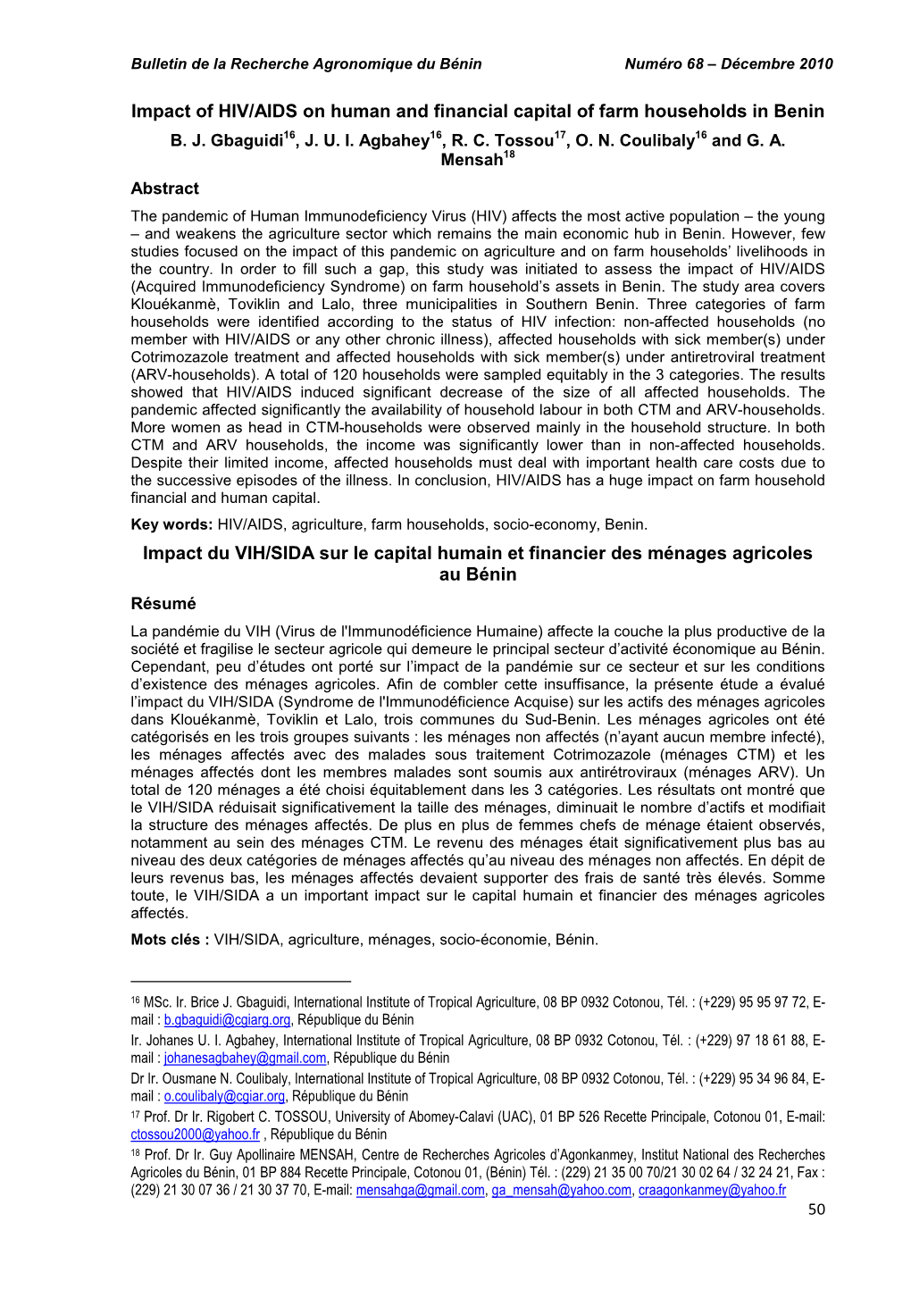 Bulletin De La Recherche Agronomique Du Bénin Numéro 68 – Décembre 2010