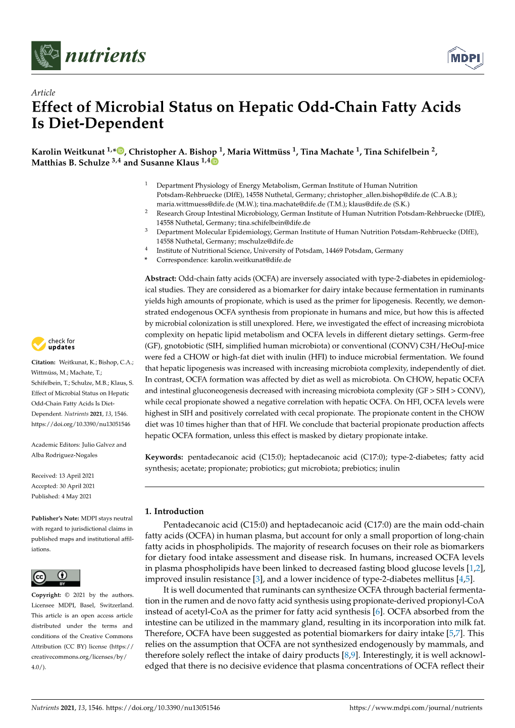 Effect of Microbial Status on Hepatic Odd-Chain Fatty Acids Is Diet-Dependent