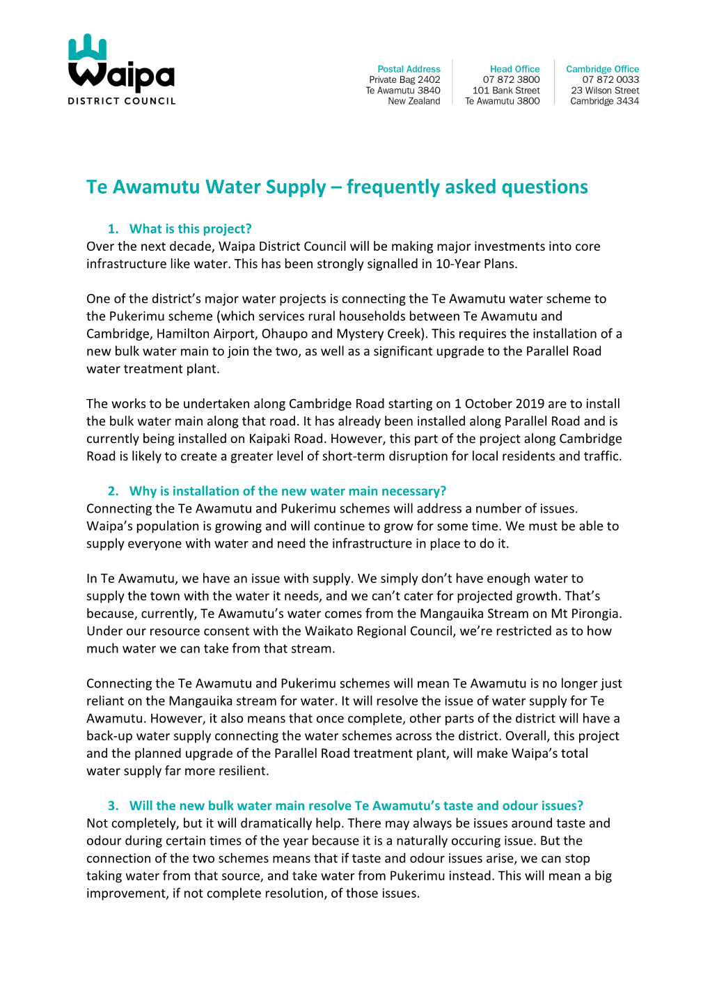 Te Awamutu Water Supply – Frequently Asked Questions