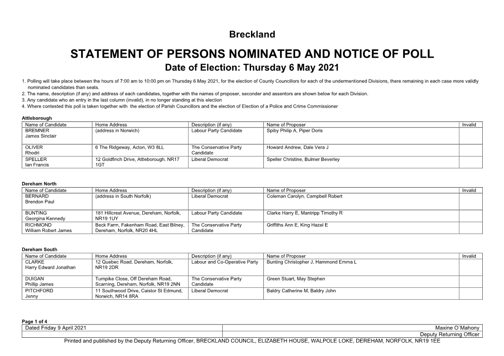 STATEMENT of PERSONS NOMINATED and NOTICE of POLL Date of Election: Thursday 6 May 2021