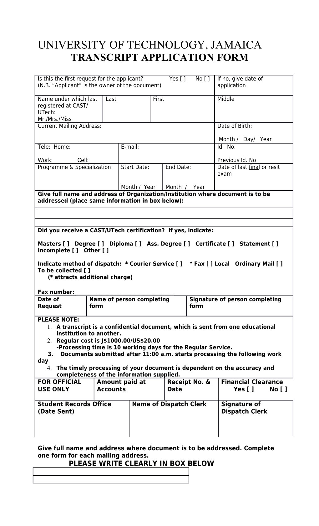 Transcript Application Form