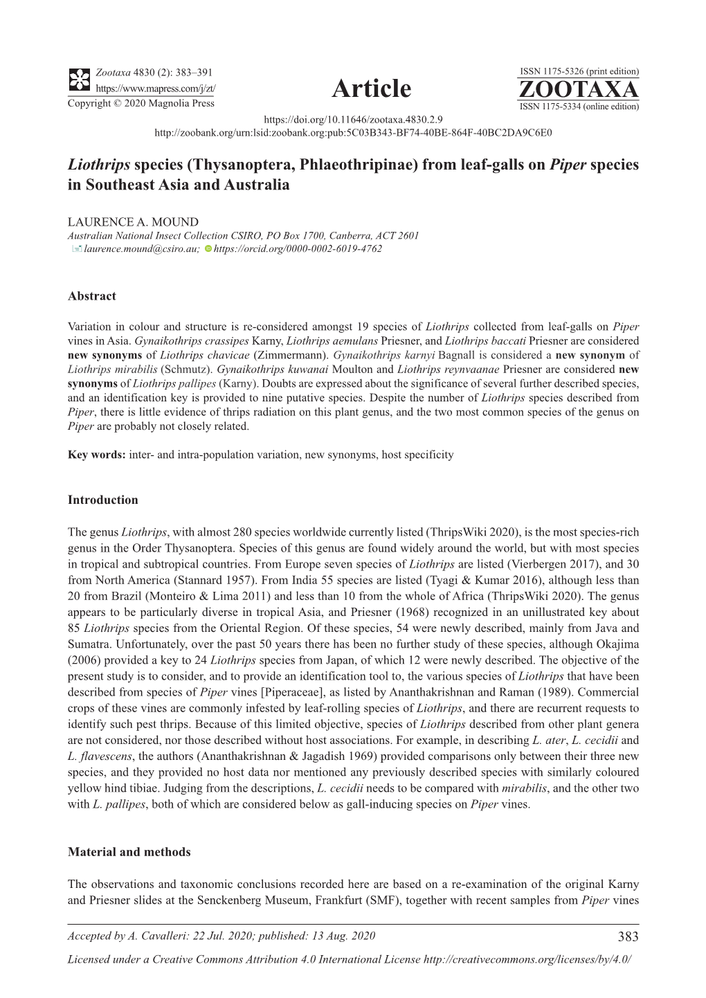 Liothrips Species (Thysanoptera, Phlaeothripinae) from Leaf-Galls on Piper Species in Southeast Asia and Australia