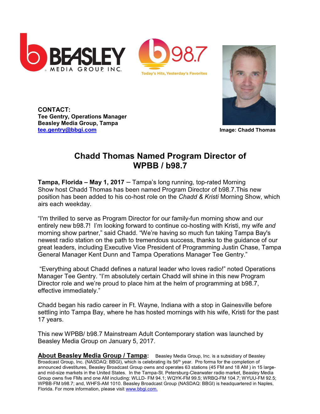 Chadd Thomas Named Program Director of WPBB / B98.7