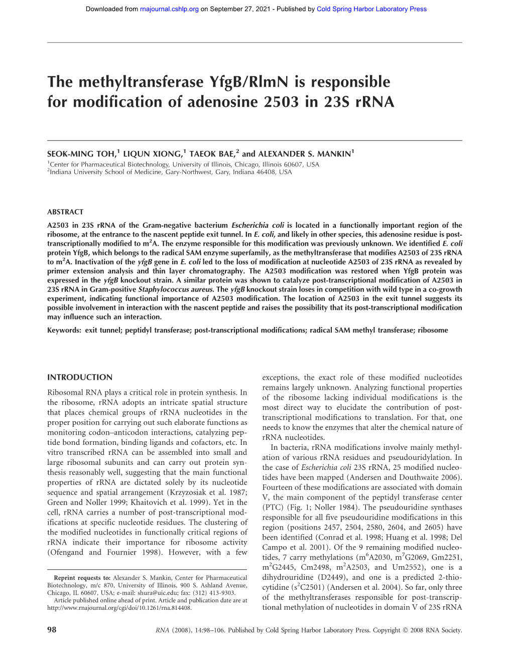 The Methyltransferase Yfgb/Rlmn Is Responsible for Modification of Adenosine 2503 in 23S Rrna