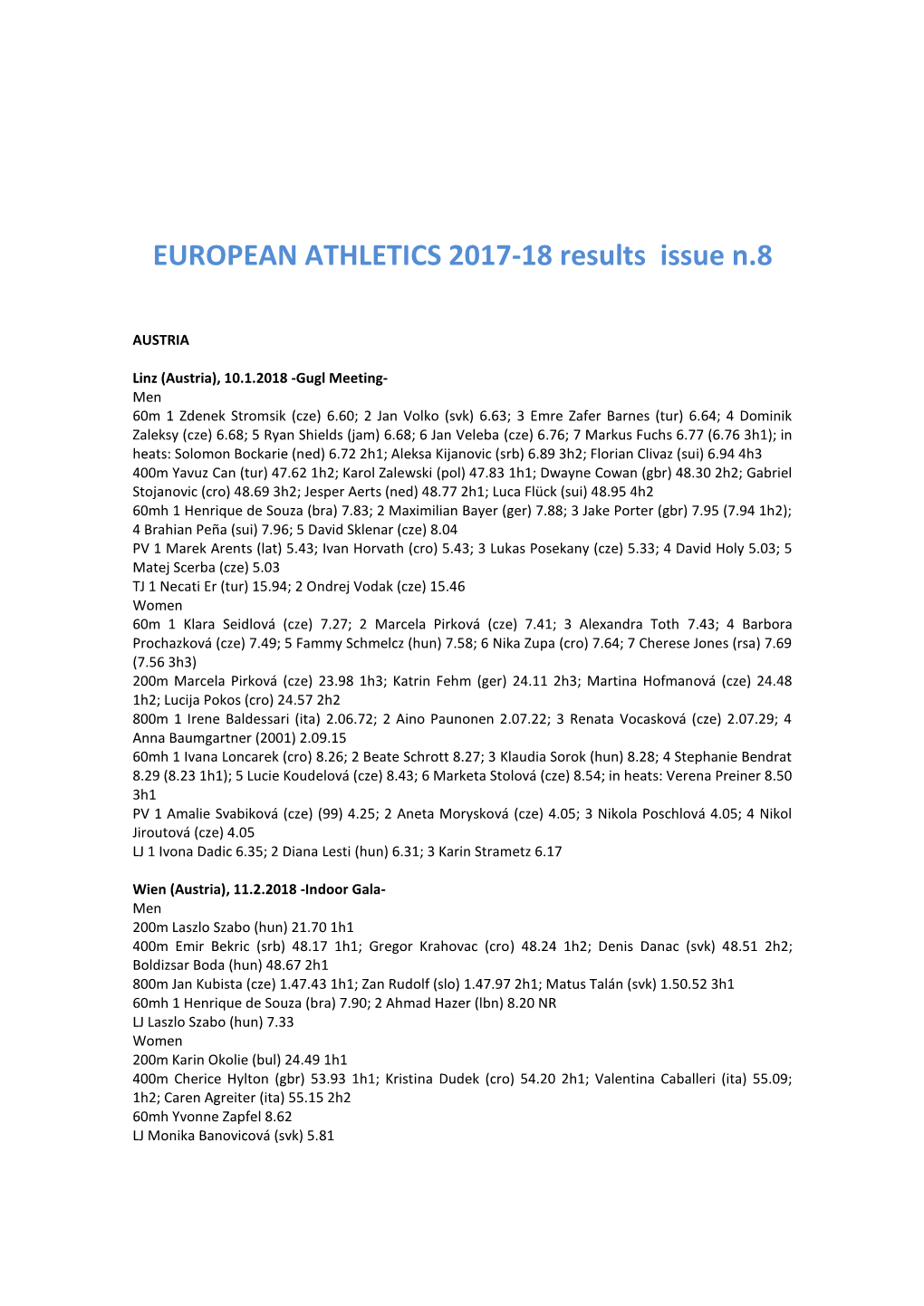 EUROPEAN ATHLETICS 2017-18 Results Issue N.8