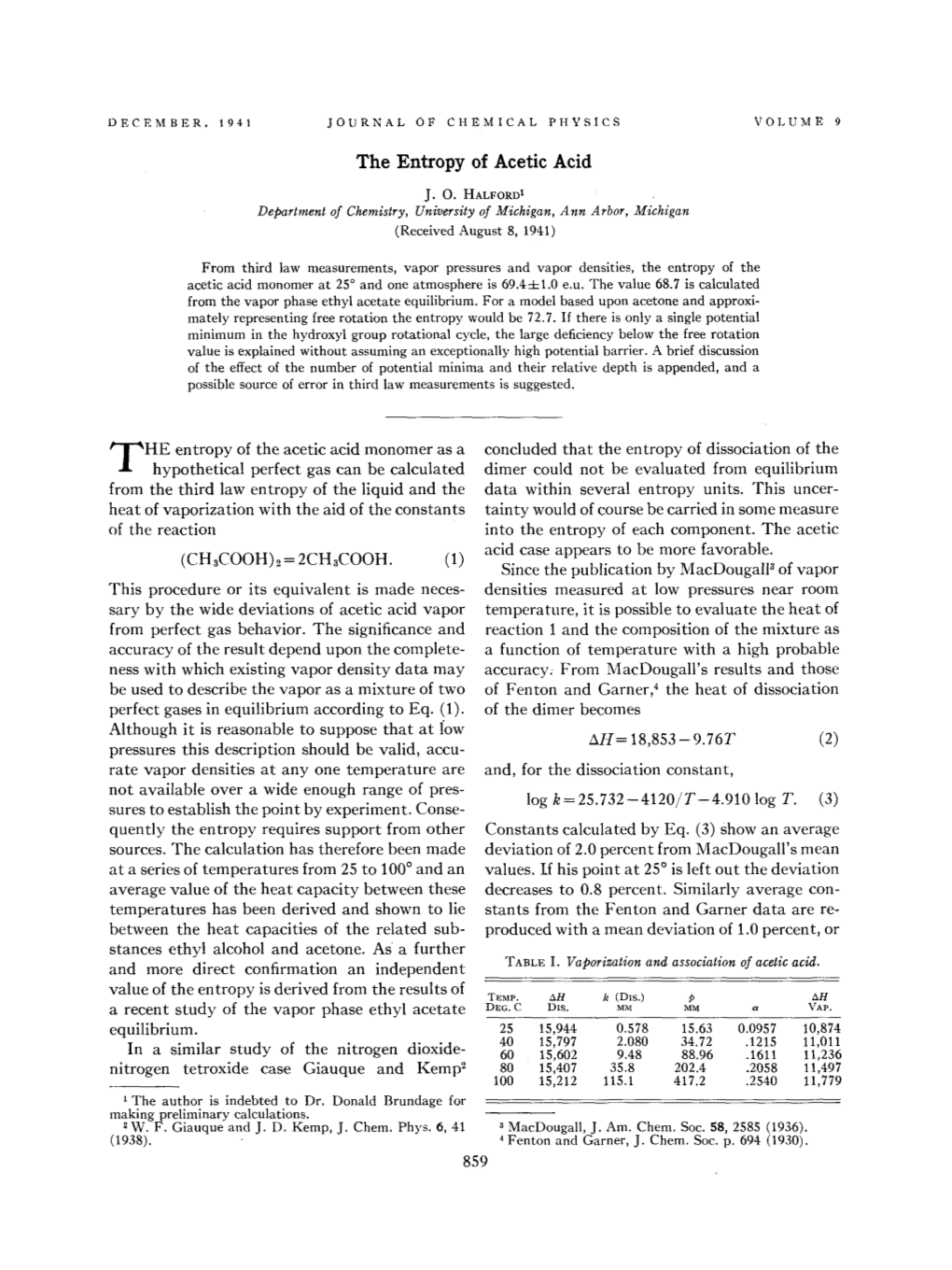 The Entropy of Acetic Acid