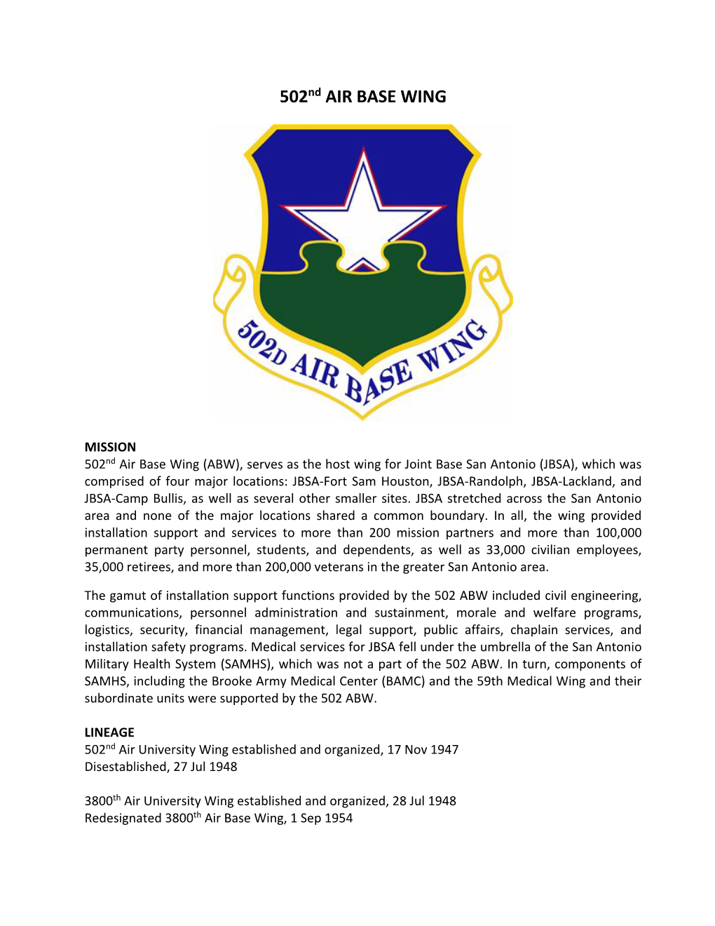 502Nd AIR BASE WING