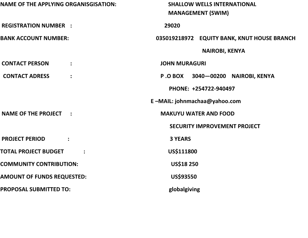 MAKUYU WATER and FOOD Security IMPROVEMENT PROJECT