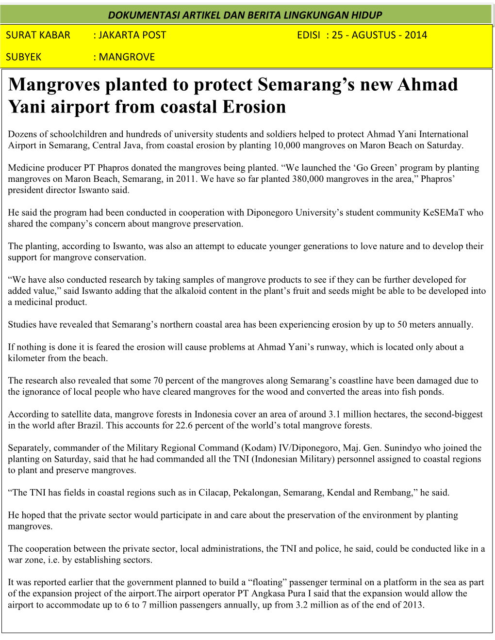 Mangroves Planted to Protect Semarang's New Ahmad Yani