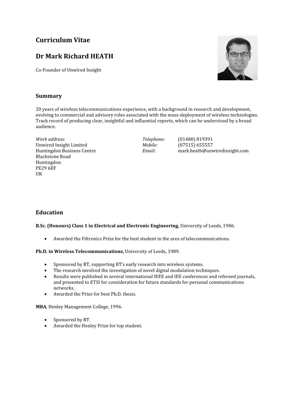 Curriculum Vitae Dr Mark Richard HEATH