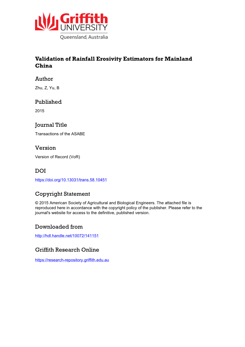 Validation of Rainfall Erosivity Estimators for Mainland China