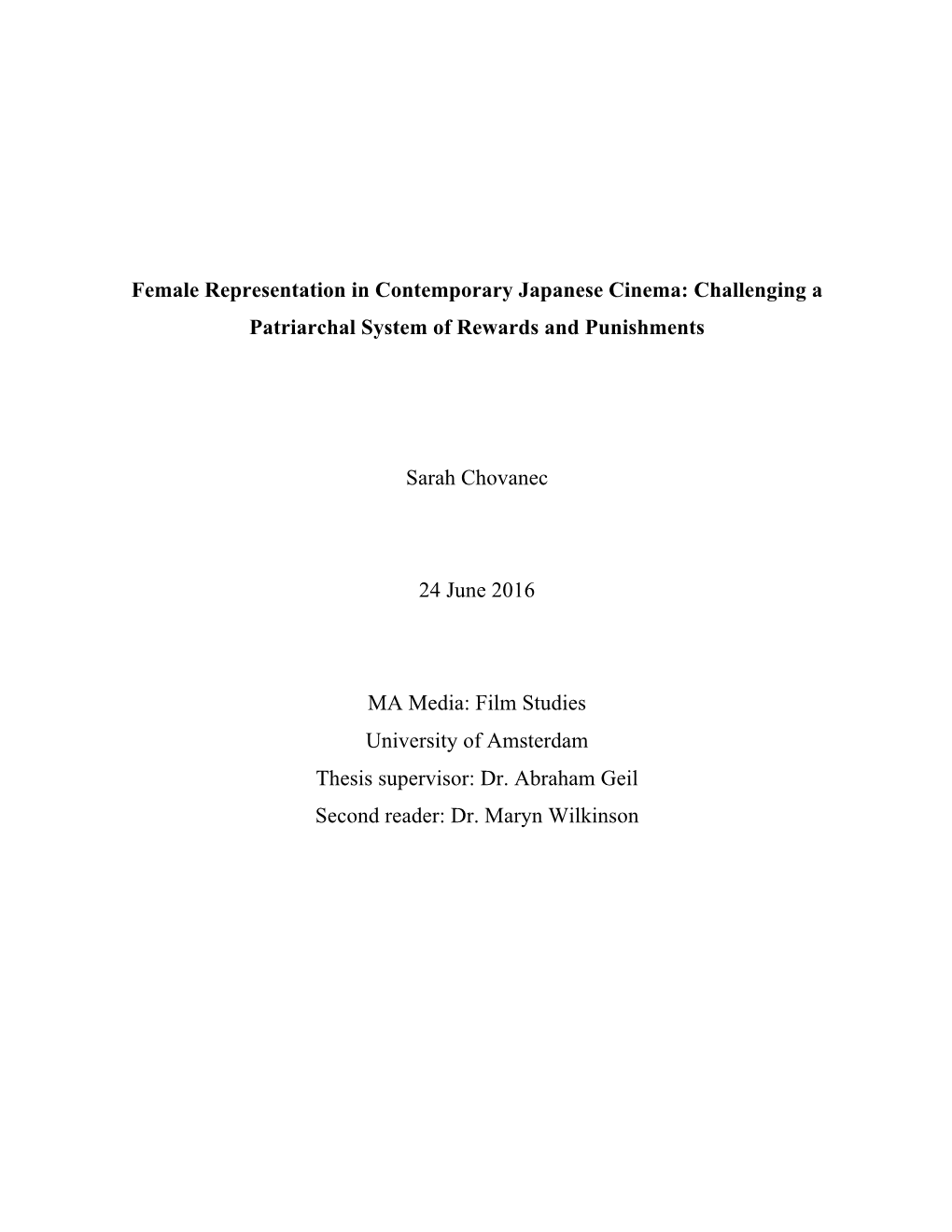 Female Representation in Contemporary Japanese Cinema: Challenging a Patriarchal System of Rewards and Punishments