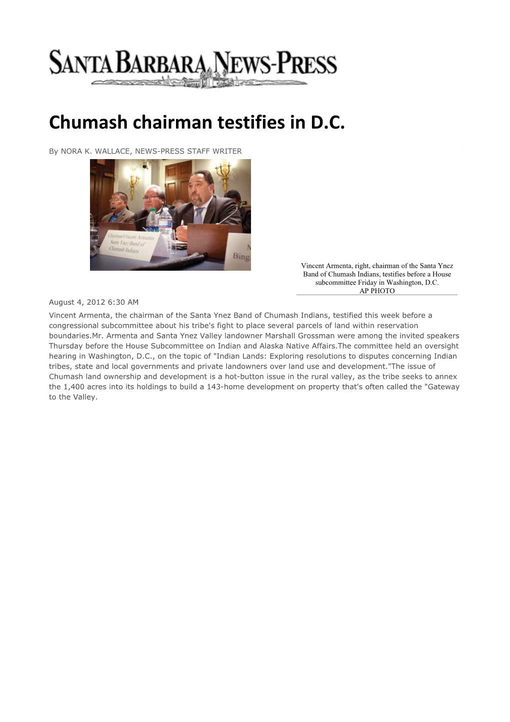 Chumash Chairman Testifies in D.C