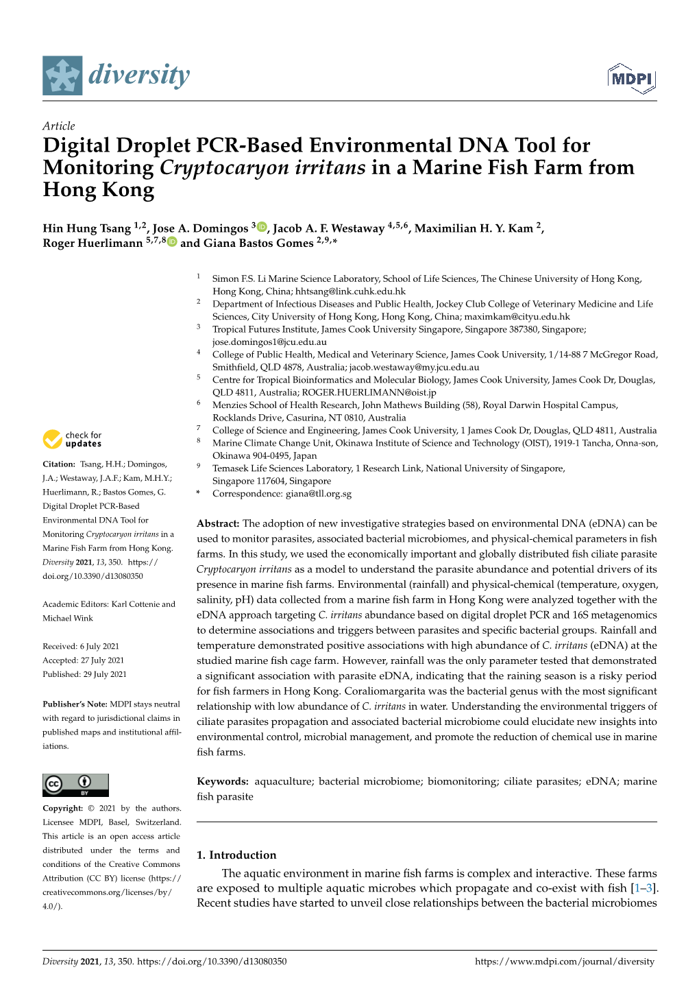 Digital Droplet PCR-Based Environmental DNA Tool for Monitoring Cryptocaryon Irritans in a Marine Fish Farm from Hong Kong