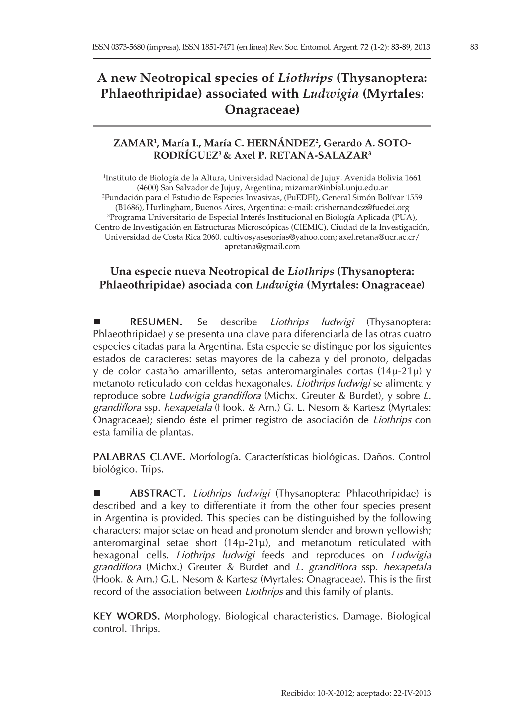 A New Neotropical Species of Liothrips (Thysanoptera: Phlaeothripidae) Associated with Ludwigia (Myrtales: Onagraceae)