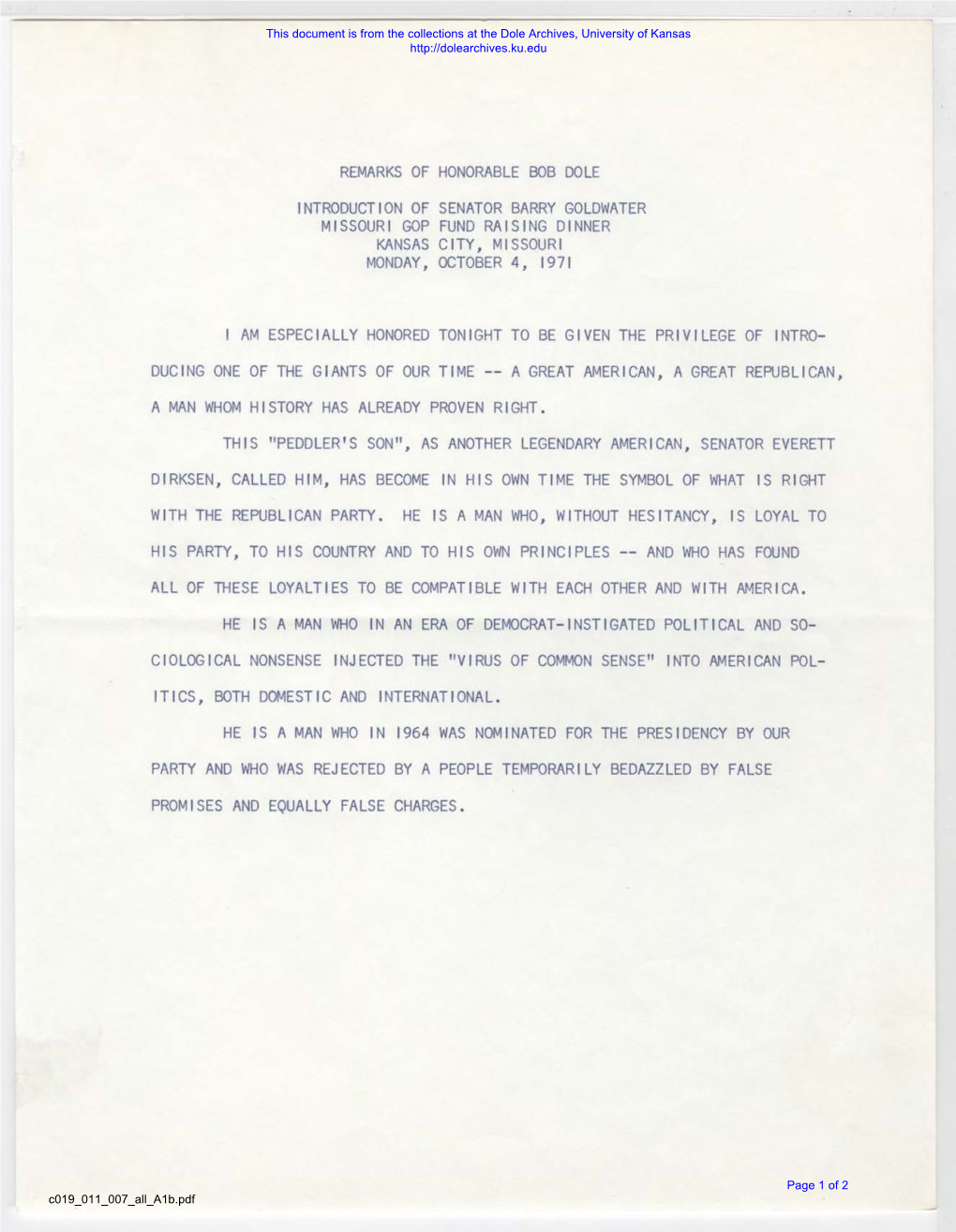 Remarks of Honorable Bob Dole Introduction of Senator Barry Goldwater Missouri Gop Fund Raising Dinner Kansas City, Missouri Monday, October 4, 1971