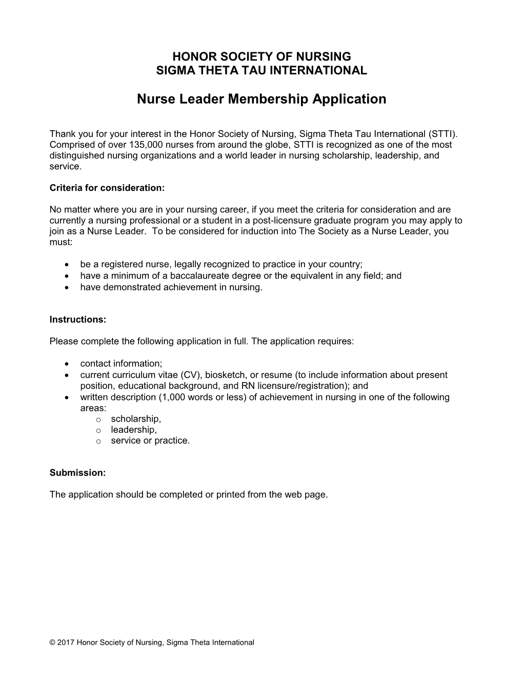 Nurse Leader Membership Application